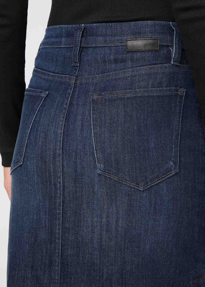 womens dark stone denim slit skirt back waistband