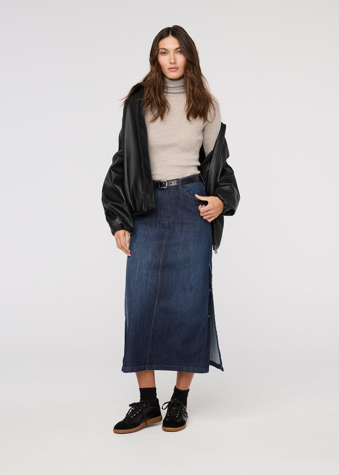 womens dark stone denim slit skirt full body with jacket