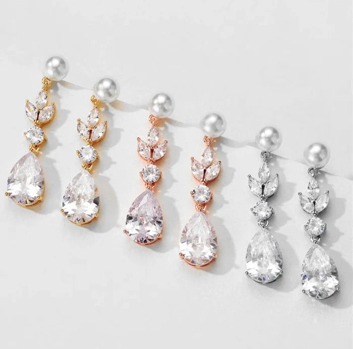 Wedding Jewelry - Pearl and Cubic Zirconia Bridal Earrings - Available in Silver, Rose Gold and Yellow Gold