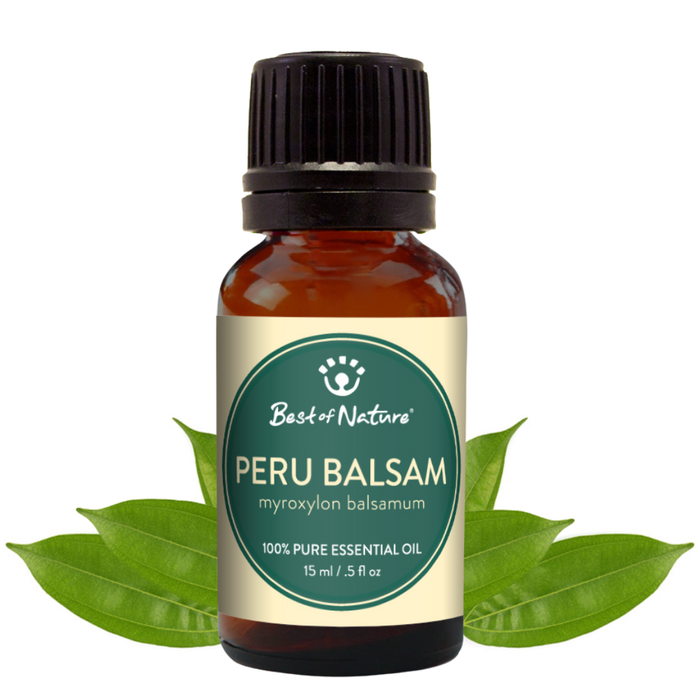 Bottle of Peru Balsam essential oil with a green label on a white background