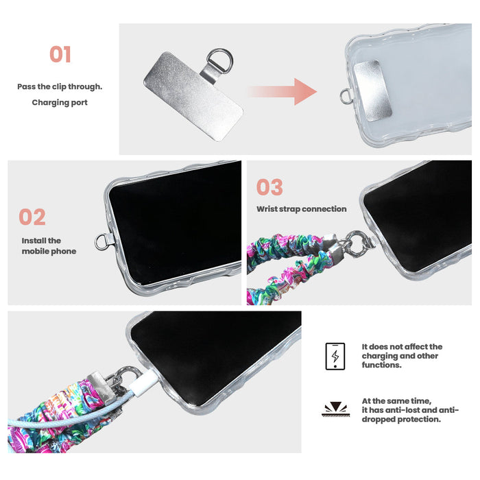 A stretchy scrunchie-style phone wrist strap with a metal clasp and phone tether tab, shown worn on the wrist and attached to a phone.