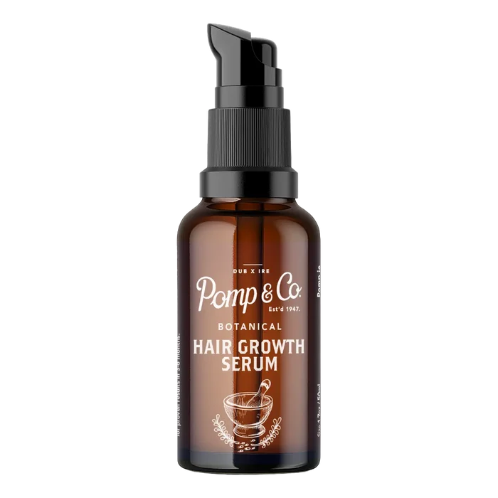 Pomp & Co. botanisk hårvekstserum i brun glassflaske med svart pumpe