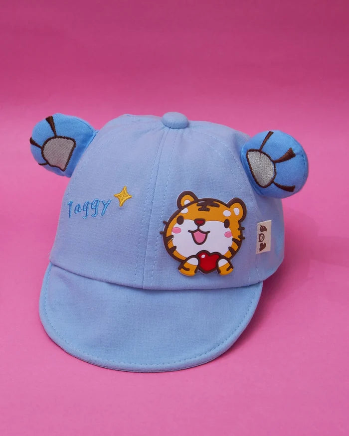 Kids casual cap in light blue with tiger cartoon patch and embroidered name