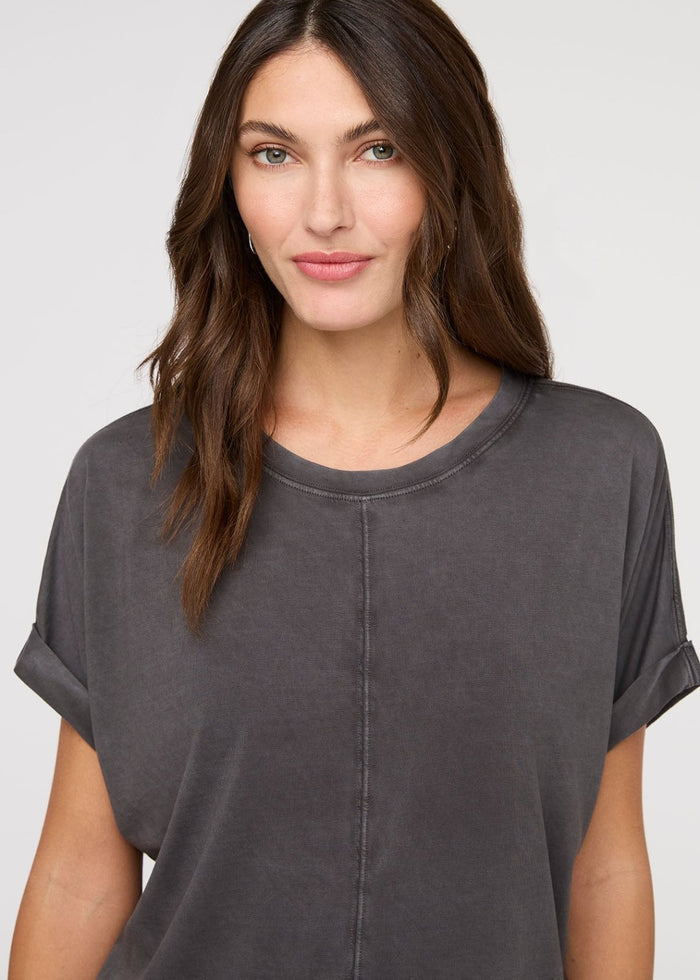 womens washed grey 100% pima cotton shirt close up