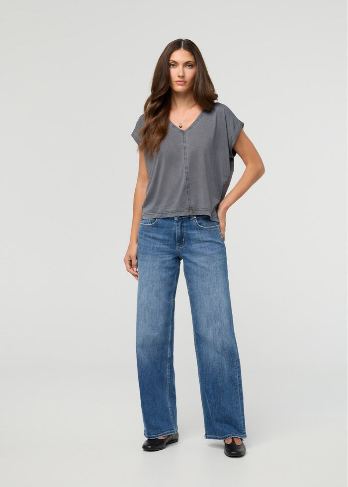Women's Washed Grey Pima Cotton Dolman V-Neck full body