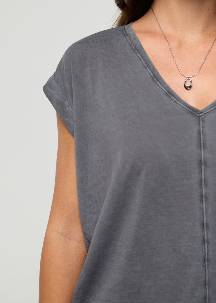 Women's Washed Grey Pima Cotton Dolman V-Neck neck front detail