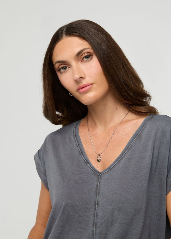 Women's Washed Grey Pima Cotton Dolman V-Neck waist up