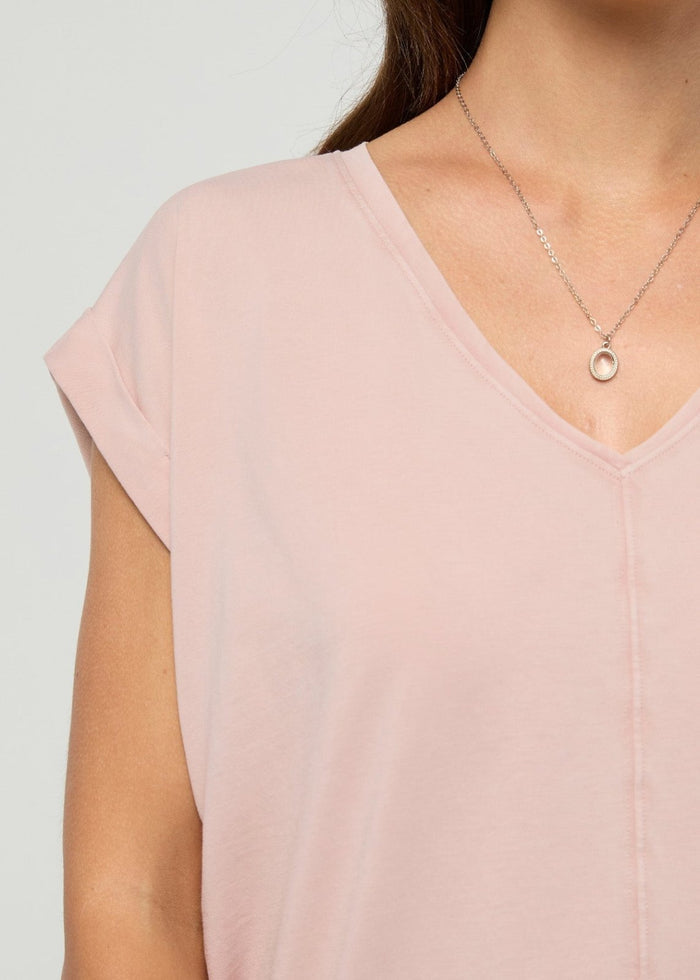 Women's Washed Soft Rose Pima Cotton Dolman V-Neck Front Detail