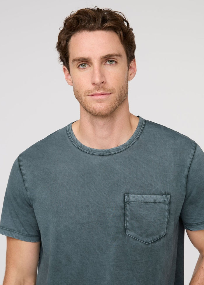 Men's Pima Cotton Vintage Style Blue Spruce T-Shirt Front Close Up