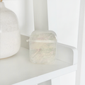 White natural shell AirPods case by Coconut Lane on a white shelf beside a white ceramic vase.