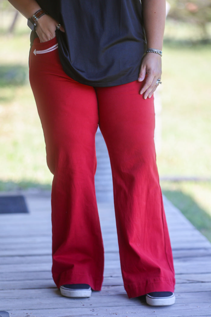 Red Denim Western Arrow Pocket Detail High Rise Wide Leg Jeans