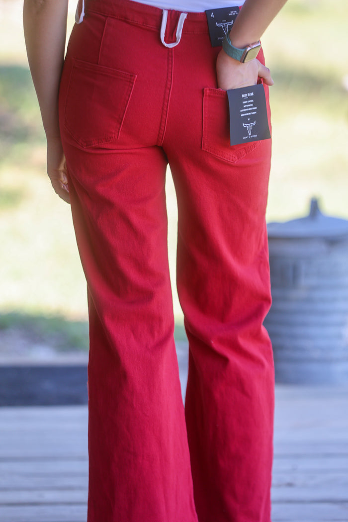 Red Denim Western Arrow Pocket Detail High Rise Wide Leg Jeans