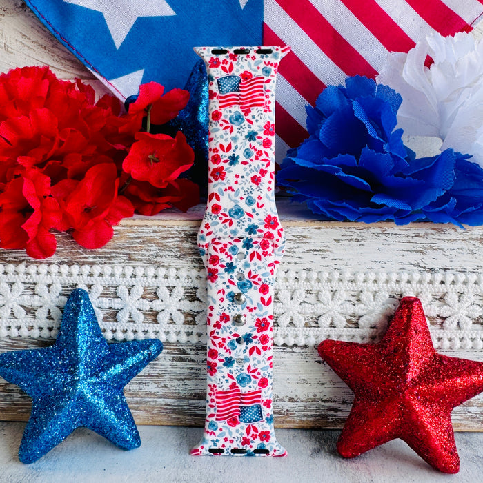 Red, White, & Bloom Print Silicone Band For Apple Watch