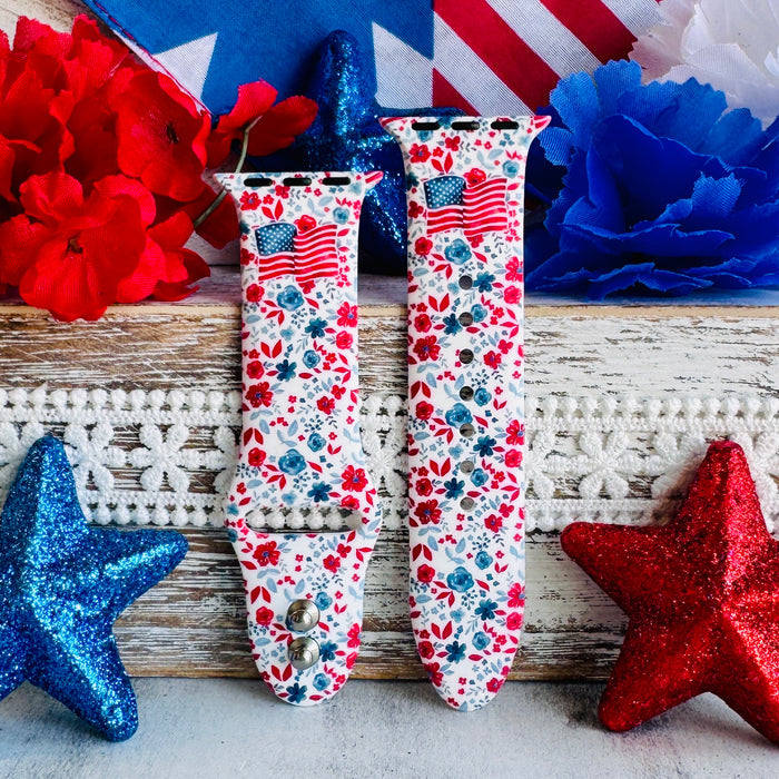 Red, White, & Bloom Print Silicone Band For Apple Watch