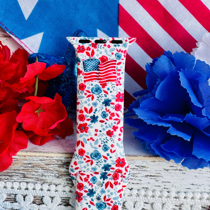 Red, White, & Bloom Print Silicone Band For Apple Watch