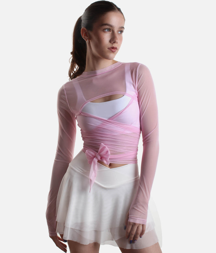 Bow Back Long Sleeve Mesh Top - Reversible Front-to-back Design