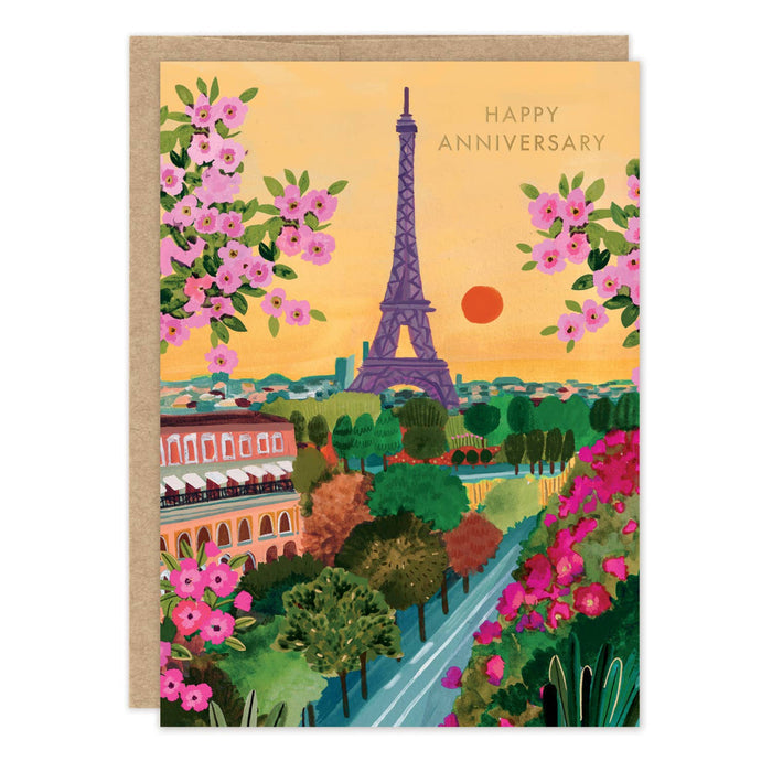 Greeting card with Eiffel Tower and floral design, featuring 'Happy Anniversary' text.