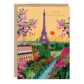 Greeting card with Eiffel Tower and floral design, featuring 'Happy Anniversary' text.