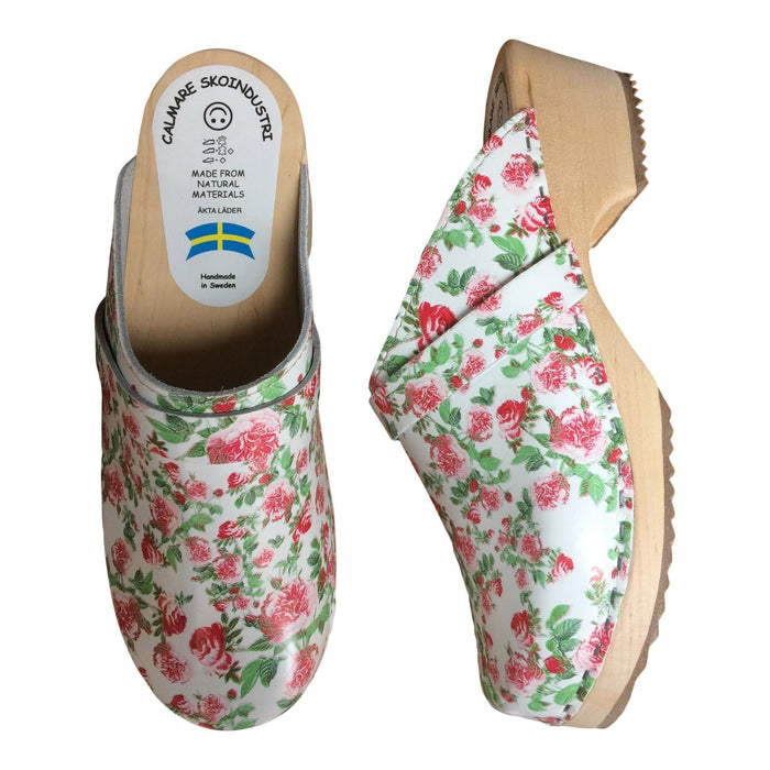 Rosali Swedish Wooden Clogs – Handmade in Sweden | Genuine Floral Leather & Alder Wood