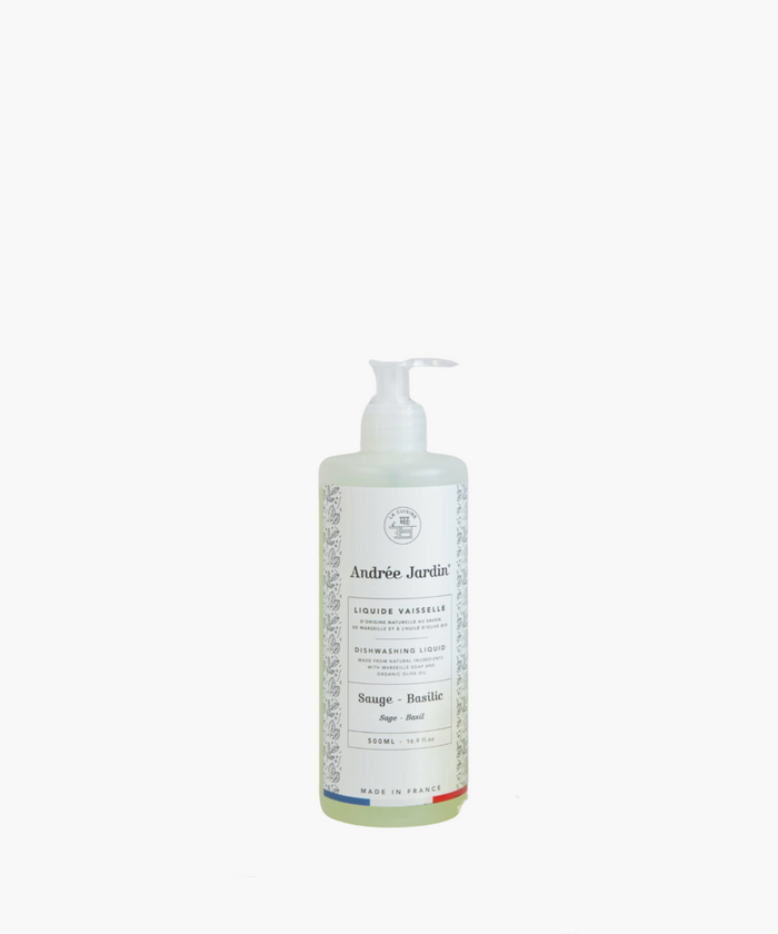 Clear bottle of Andrée Jardin dishwashing liquid, labeled "Sage-Basil." Features elegant design and French branding, conveying a clean, natural vibe. | SW Home