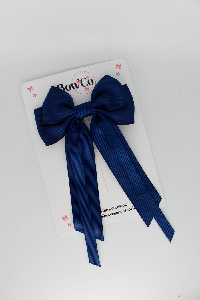 School Bow Navy Blue Streamer Tail Bow - Clip