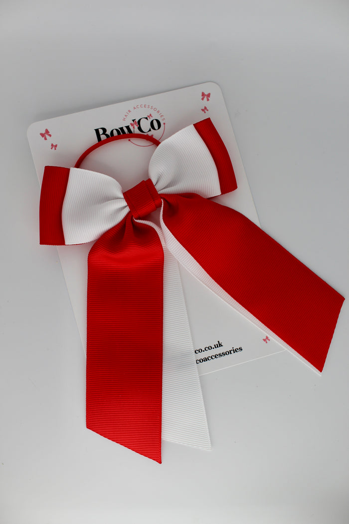 School Bow Red and White - Double Layer Tail Bow - Elastic