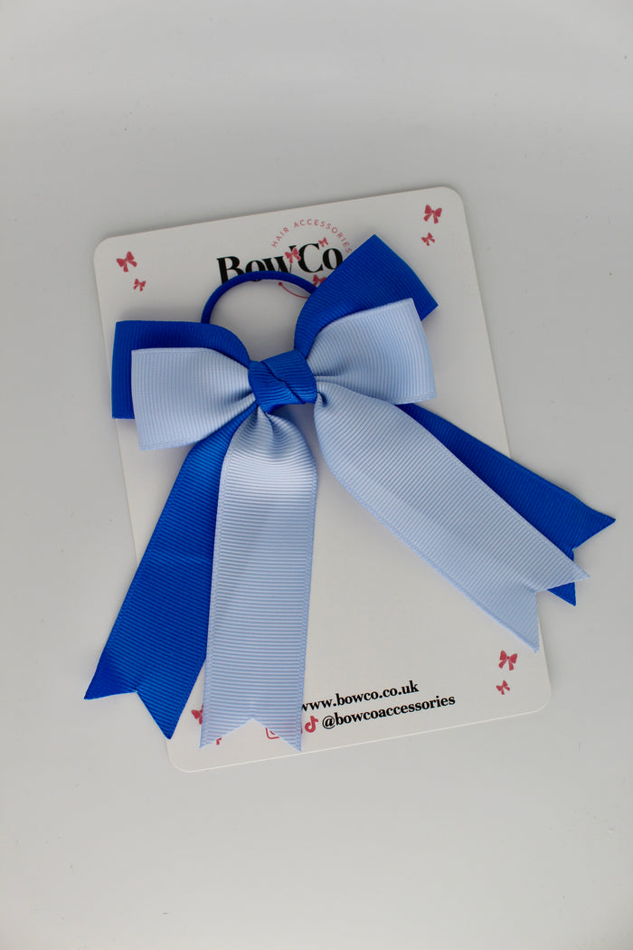 School Bow Royal Blue and Bluebell - Double Ribbon Tail - Elastic