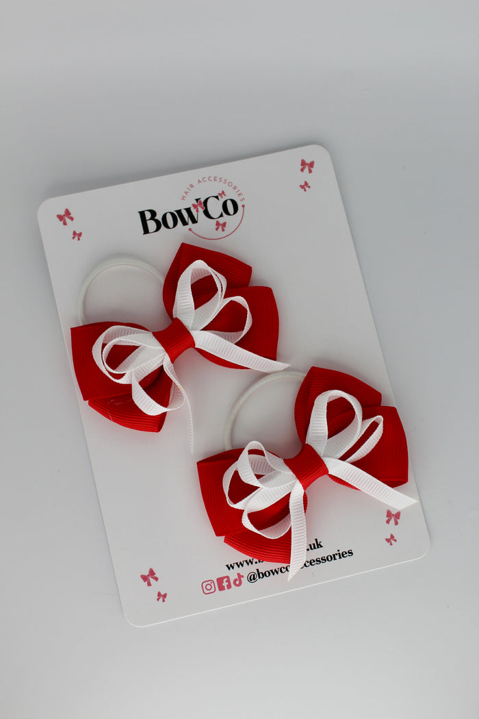 School Bows Double Bow Set - Elastic - Red and White