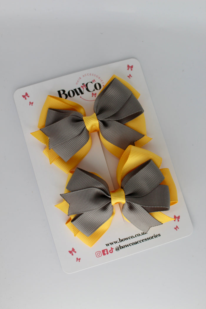 School Bows Metal Grey and Yellow Gold - Double Tail Bow Set - Clip