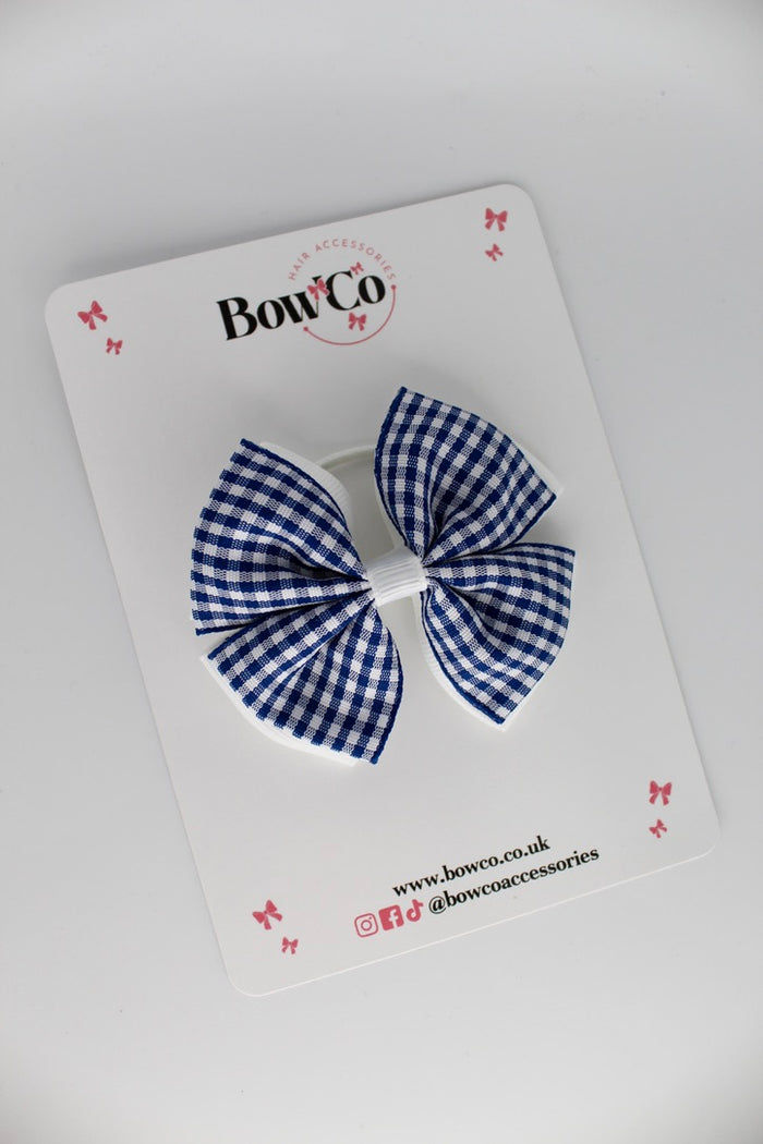 School Navy Blue Bow Gingham - Double Layer Bow - Elastic