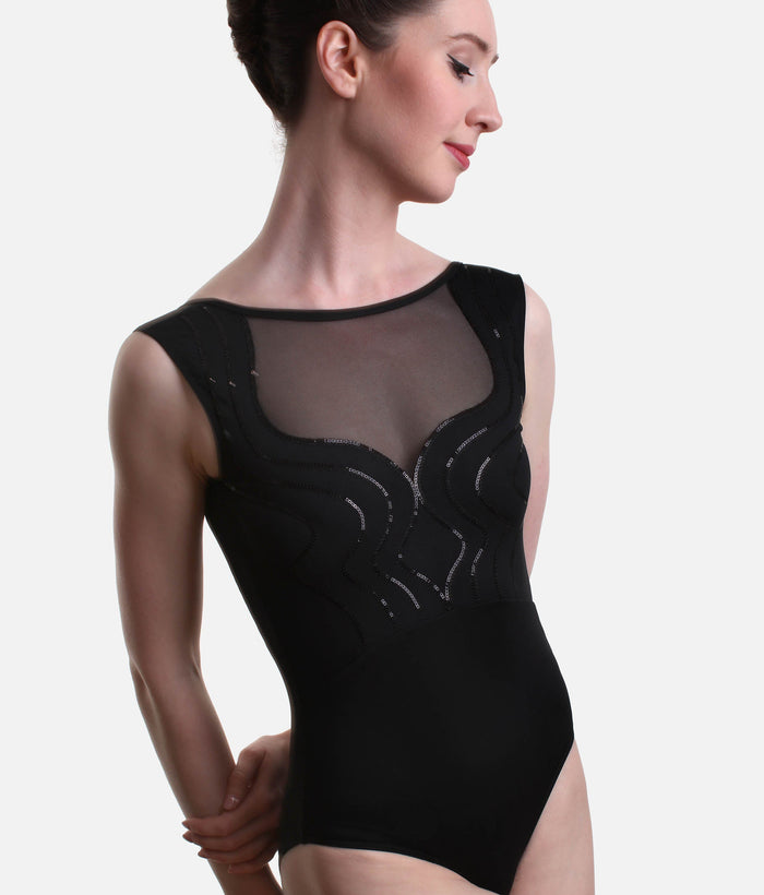 Sequin Embroidered Leotard, Mesh Sweetheart Neckline - AVIGNON