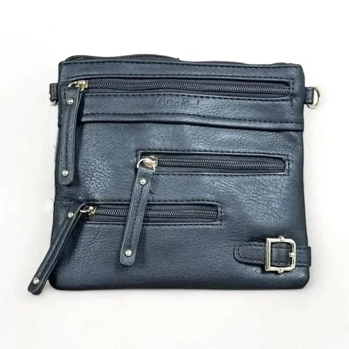 Black PU leather sling bag with adjustable strap and multiple zip compartments