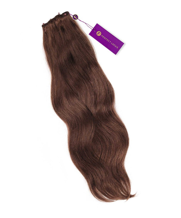 A single long, straight Natural Black  Perfect Locks Beaded Weft Rows hair extension with a purple tag, on a white background.#color_chocolate-brown-(3)