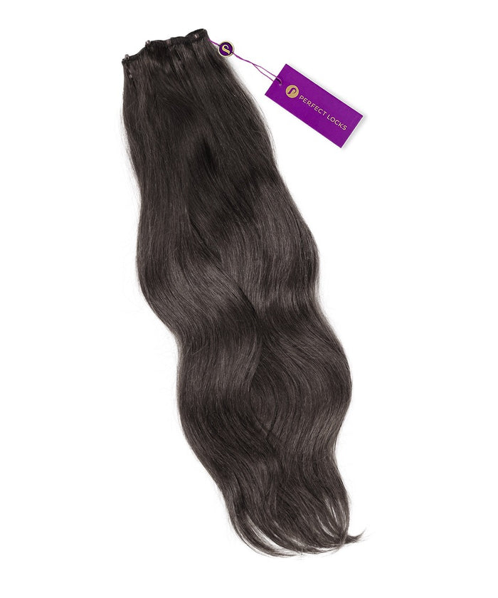 A bundle of long, chocolate brown  straight beaded weft rows by Perfect Locks with a purple tag attached near the top.#color_natural-black-(1B)