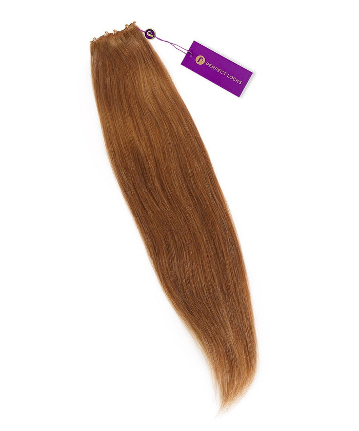 A single long, straight Golden Brown  Straight Beaded Weft Row by Perfect Locks with a small purple brand tag at the top on white.#color_golden-brown-(6)