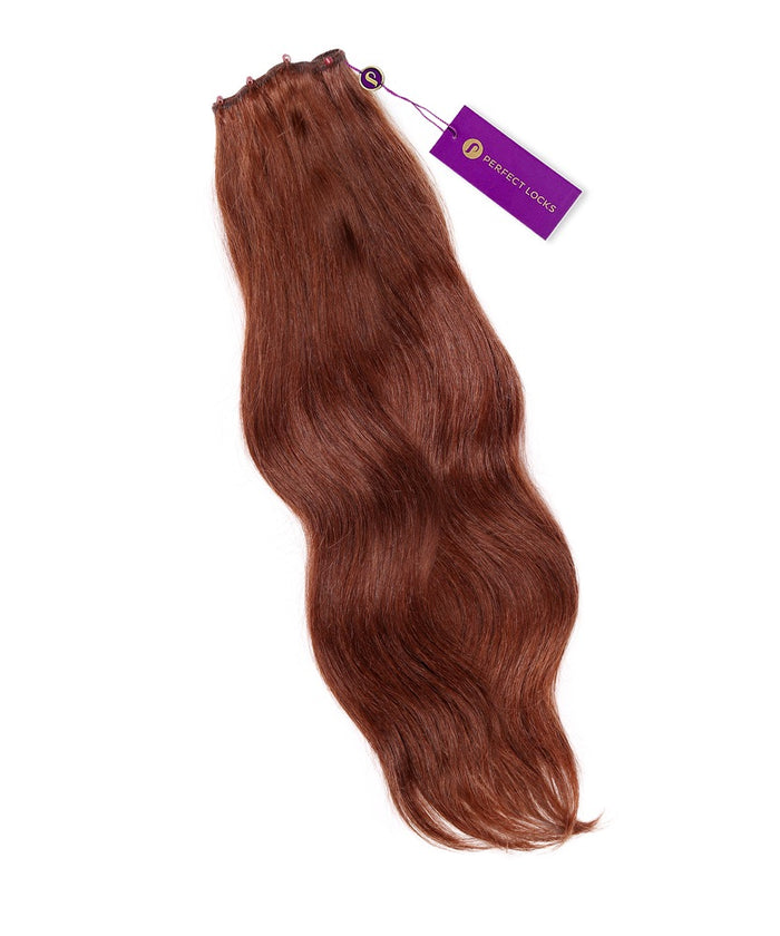 A straight honey blonde  beaded weft row hair extension by Perfect Locks with a purple tag is displayed on a white background.#color_dark-auburn-(33)