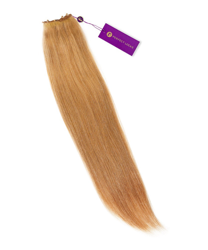 A long, straight Platinum Blonde  Remy hair extension from Perfect Locks' Straight Beaded Weft Rows, purple tag at top.#color_honey-blonde-(27)
