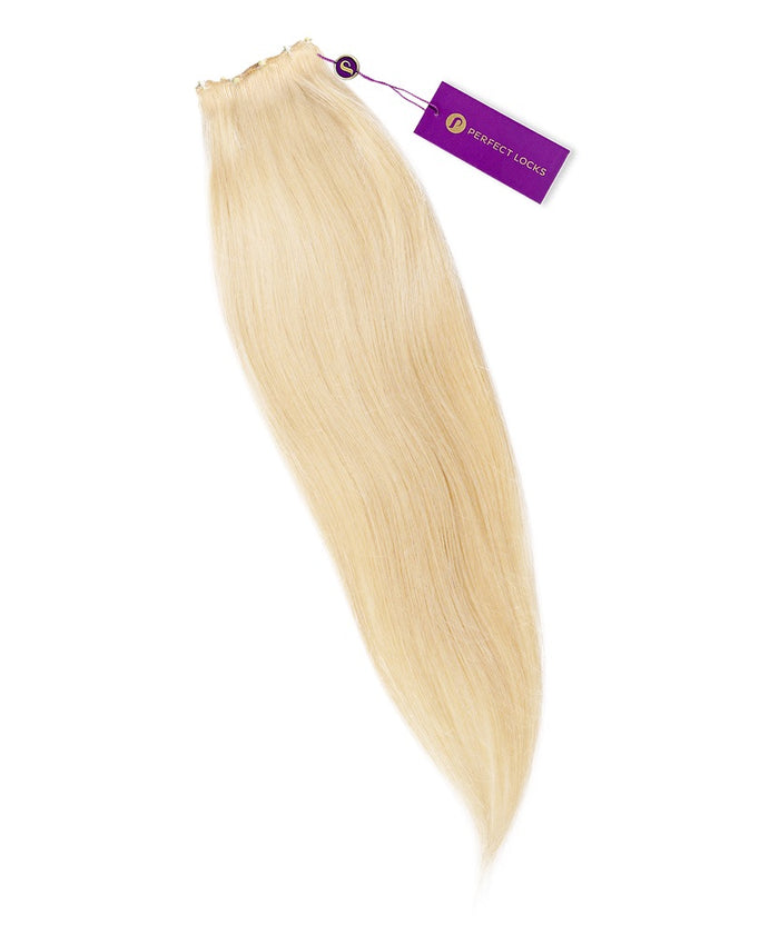 A single bundle of Straight Beaded Weft Rows in dark auburn  from Perfect Locks with a purple tag on a white background.#color_platinum-blonde-(613)
