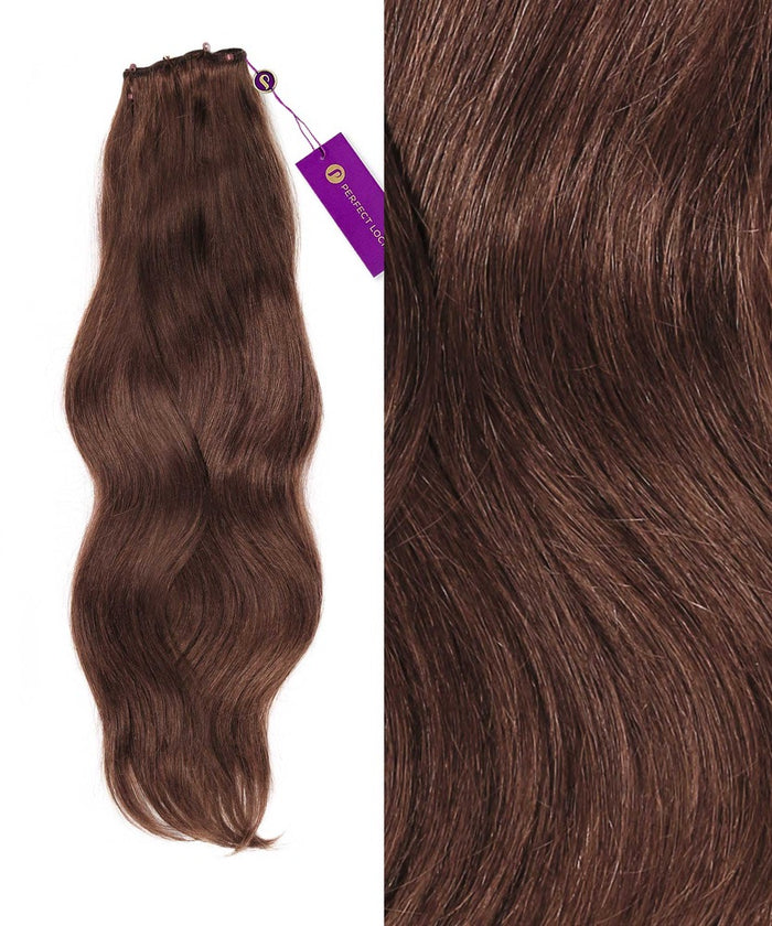 Perfect Locks Straight Beaded Weft Rows in chocolate brown, shown close-up with shiny, smooth straight hair texture.#color_chocolate-brown-(3)