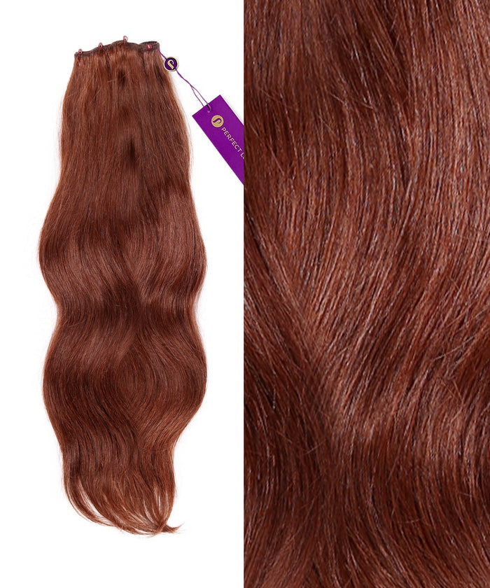 A bundle of dark auburn Perfect Locks Straight Beaded Weft Rows extensions with a purple tag, shown next to a close-up of their smooth, shiny texture and rich color.#color_dark-auburn-(33)
