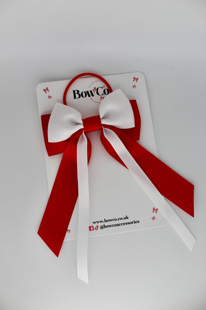 Streamer Tail School Hair Bow - Elastic - Red and White