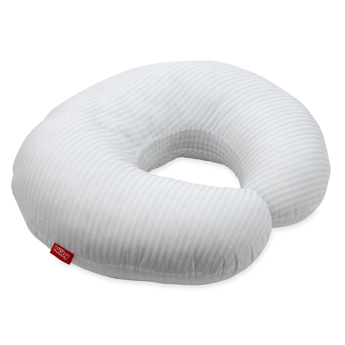 The Support Pod Feeding & Nursing Pillow (Pillow Only) is a white, U-shaped infant feeding pillow with light gray stripes and a small red side tag, perfect for supporting babies during feeding or tummy time.