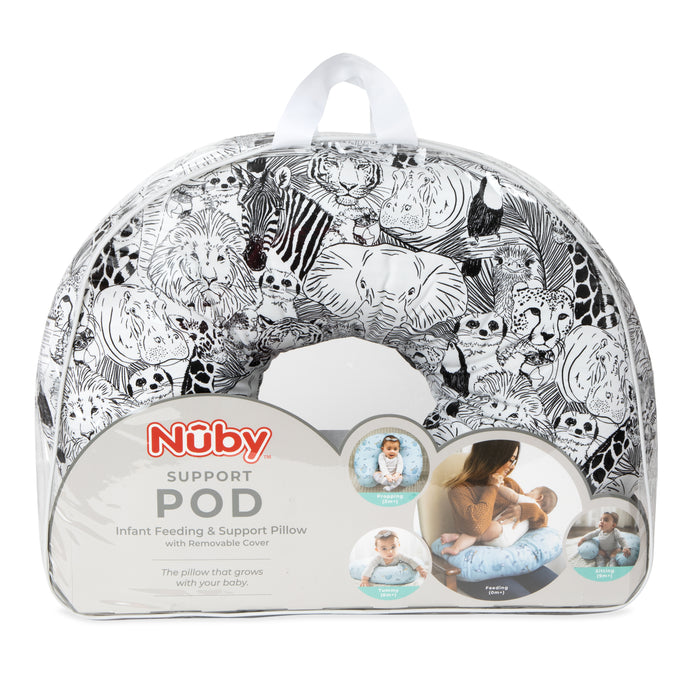 A Nuby Support Pod Feeding & Nursing Pillow with Cover, featuring a black-and-white animal print and packaged in a clear carrying case, displays multiple ways to use the pillow with a baby for feeding and support.