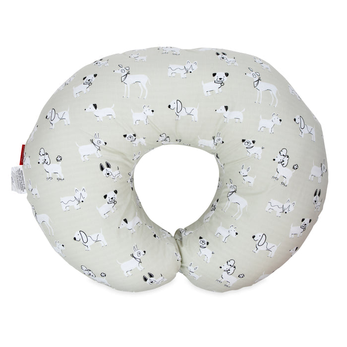 The Support Pod Feeding & Nursing Pillow with Cover is a light gray, U-shaped baby support pillow featuring playful black and white cartoon dog illustrations.