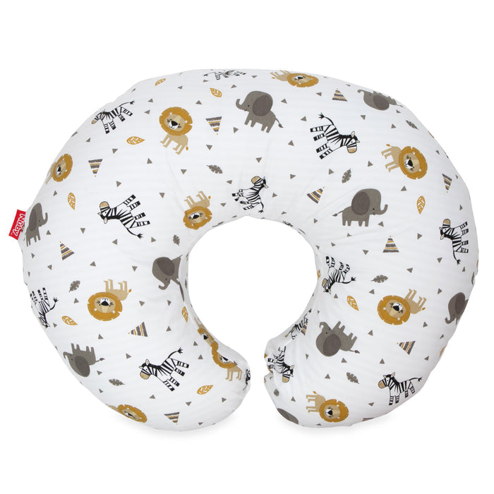 The Support Pod Feeding & Nursing Pillow with Cover is a U-shaped infant pillow featuring cartoon lions, elephants, zebras, and leaves in yellow, gray, and black. Ideal as a baby support or tummy time pillow.