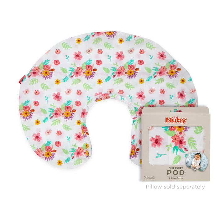 The Support Pod Pillow Cover features a floral pattern with pink, red, and yellow flowers and green leaves. It's machine washable and shown with its Nuby packaging. Designed for your infant feeding pillow; pillow sold separately.