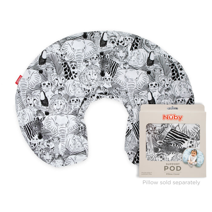 Black and white animal print Support Pod Pillow Cover featuring elephants, giraffes, owls, and more. Packaging shown in corner. Machine washable. Pillow not included.