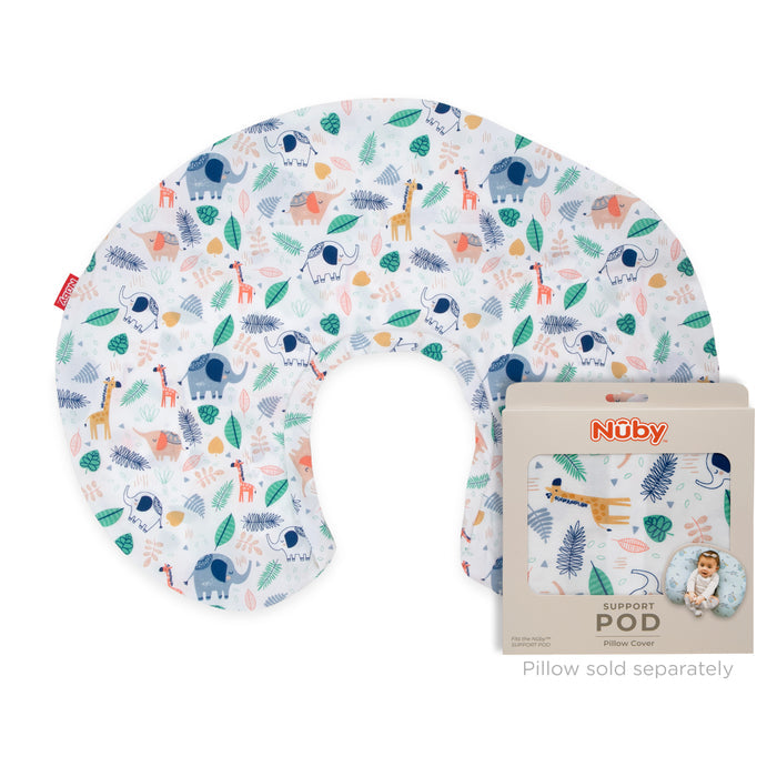 The Support Pod Pillow Cover features colorful animal and leaf patterns with elephants, giraffes, and lions. Packaging matches the design and states pillow sold separately. Machine washable for easy care.