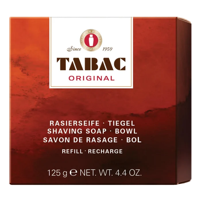 Tabac barbersåpe refill i rødbrun pakke med original duft