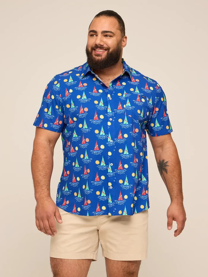 The Come Sail Away (Performance Friday Shirt)- Navy - Image 1 - Chubbies Shorts